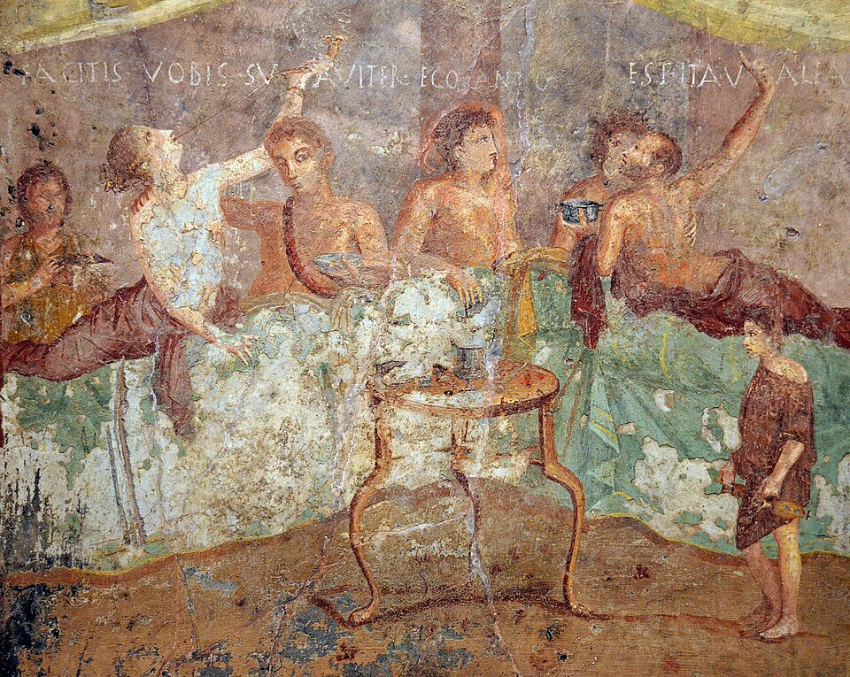 古代ローマ貴族の饗宴風景を描くポンペイ壁画の絵画
