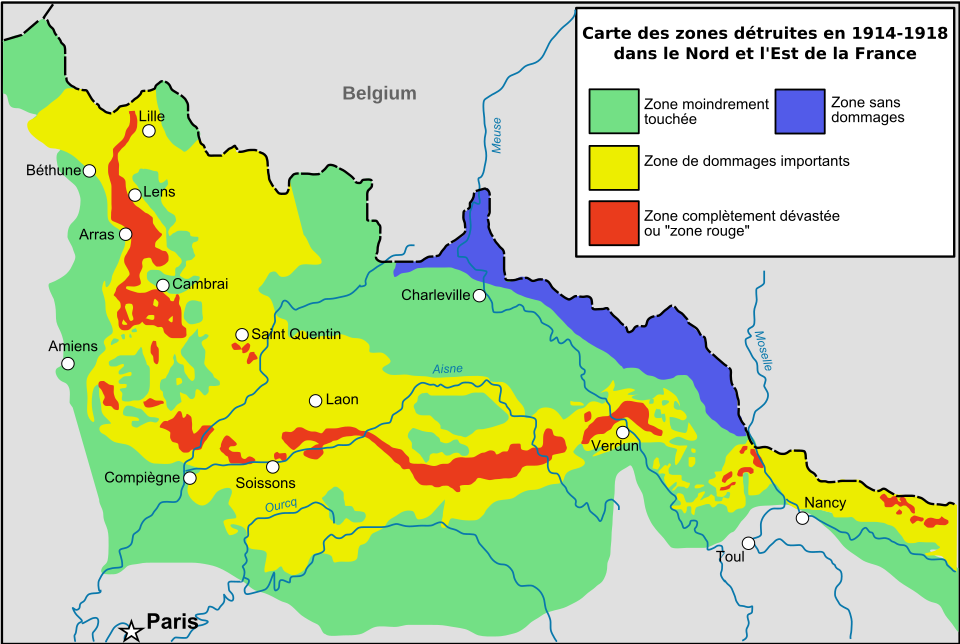 毒ガスと砲弾汚染で指定されたフランスのZone rouge地図の図形